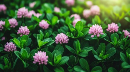 Obraz premium Beautiful pink flowers blooming in a vibrant green field during spring