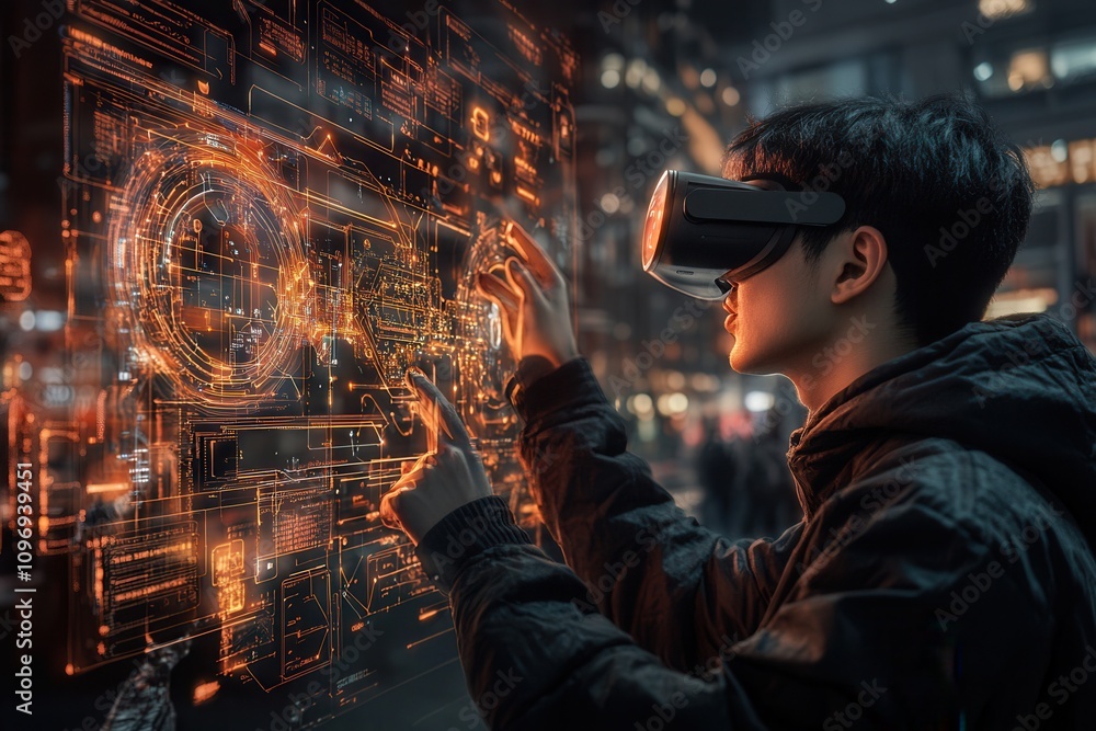 Poster a person wearing a vr headset interacts with a futuristic digital interface, showcasing advanced tec
