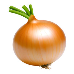 Fresh onion with green shoots displayed against a white background, highlighting its vibrant color and shape