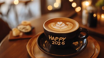 Happy 2025 with a beautifully crafted latte art in a cozy café setting, surrounded by soft ambient lighting