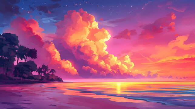 Colorful clouds over beach at sunset. Golden Sunset Reflections. Illustration