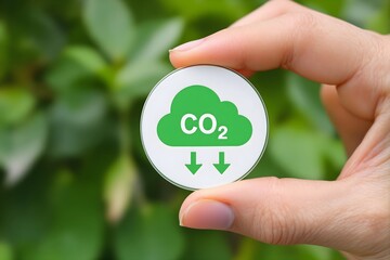 Reduce CO2 Emission Concept. A hand holding a green CO2 emissions symbol, highlighting carbon footprint awareness, net zero goals, and carbon neutrality to address climate change and global warming