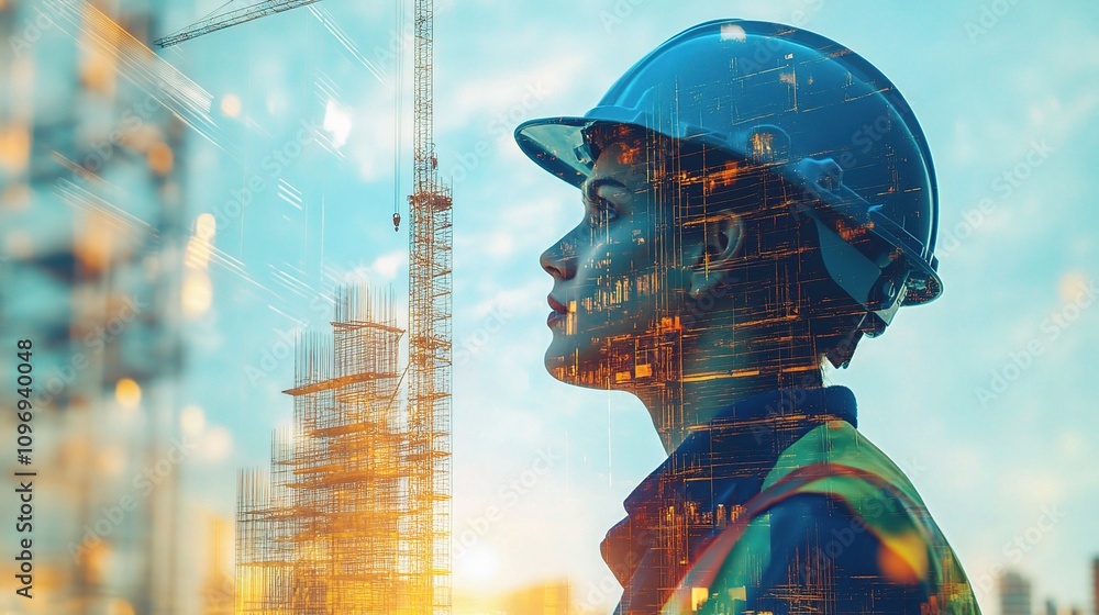 Poster double exposure image of engineer with construction background