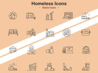 Icons illustrating homelessness and social issues in vector style