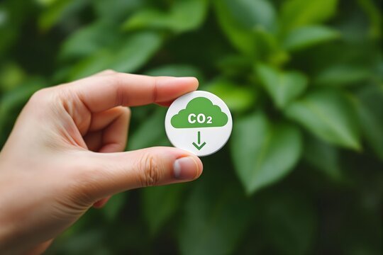Reduce CO2 Emission Concept. A hand holding a green CO2 symbol, emphasizing carbon footprint reduction, net zero strategies, and carbon neutrality for addressing climate change and greenhouse gas emis