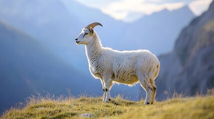 Fototapeta premium A white mountain goat stands on a grassy hill with mountains in the background.