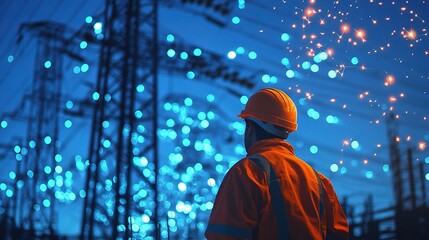 Fototapeta premium Electrical Engineer in Bright Orange Hardhat Observing Power Lines