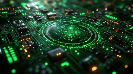 Fototapeta premium Glowing Green Circuit Board: Digital Technology Abstract