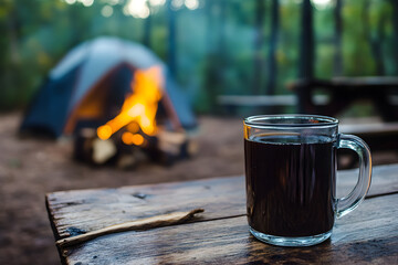 In front of it is a black coffee cup on a wooden table, and you can see the campfire and camping tent in the background blurry, Generative AI