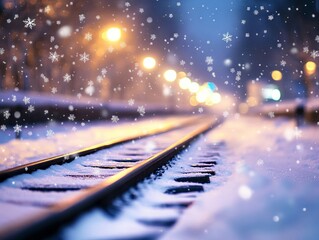 Beautiful Snowfall at the Train Station, Snowflakes on Railroad Tracks. AI generated illustration