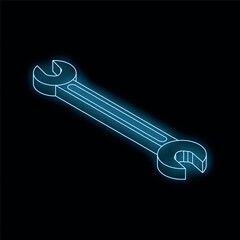 Blue neon wrench glowing on black background representing construction, industry and diy