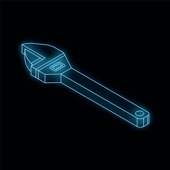 Blue neon outline of an adjustable wrench glowing on dark background, isometric view