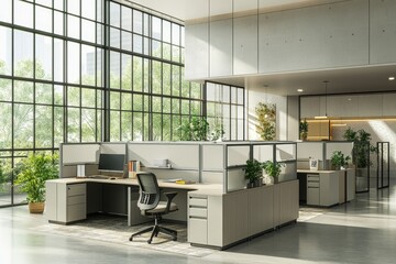 Fototapeta premium Modern Open Workspace with Multiple Cubicles - Modern office design, ergonomic cubicles, natural light, plants, collaborative workspace. Productivity, efficiency, and comfort.
