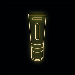 Golden neon sign representing a tube of cream on a black background