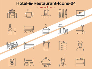 Icons illustrating various hotel and restaurant themes in vector style