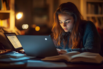 Students studying late into the night surrounded by textbooks, laptops and notes are intensely focused, in a cozy atmosphere in a room with warm lighting.