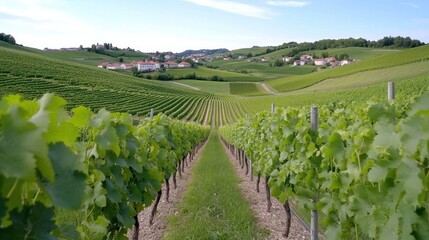 Vibrant green vineyards stretching across rolling hills under a clear sky, symbolizing peace, prosperity, and nature&rsquo;s wealth. Perfect for wine, agriculture, and sustainability themes
