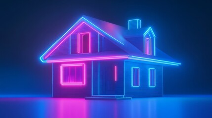 Neon Glow House: Modern Dream Home - Futuristic house, vibrant neon lights, blue gradient background, modern architecture, digital art.