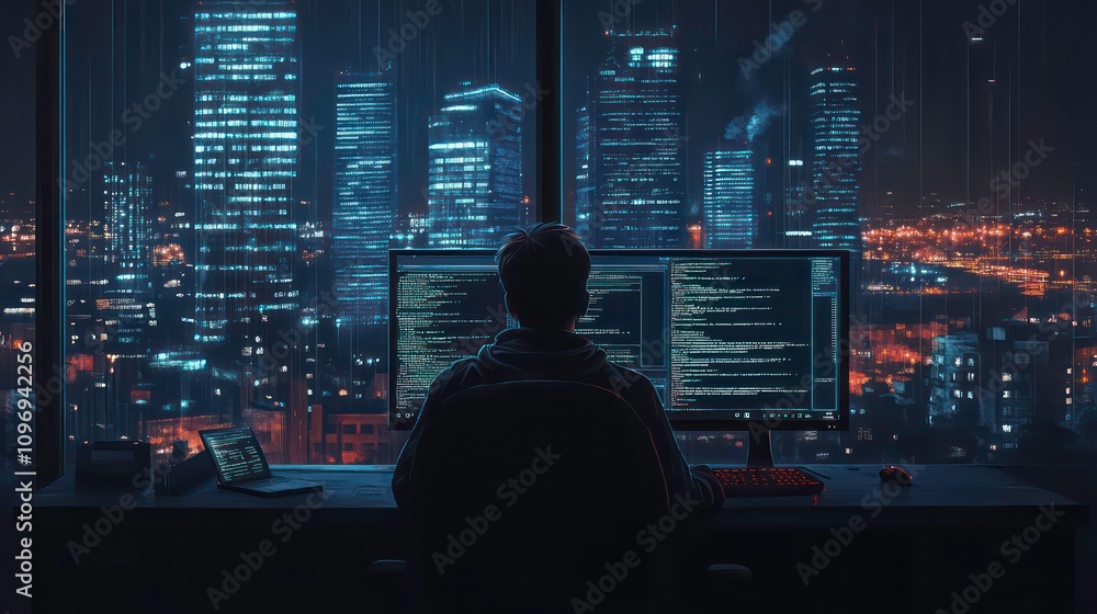 Poster a lone hacker sits at a computer in a dark room, overlooking a cityscape. the screen displays lines 