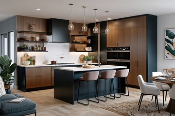 Stylish 3D Layout of a Trendy Open Kitchen Setup with Inviting Interior Design