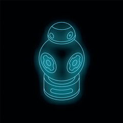 Glowing neon icon of a spherical robot standing on a platform, with a black background