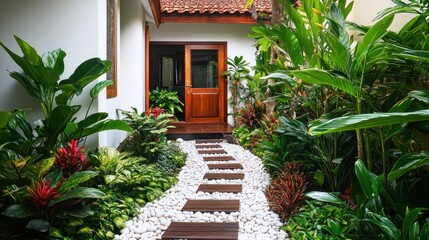 A serene pathway leads to a wooden door, surrounded by lush tropical plants and stones.