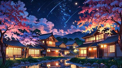 Traditional Japanese Village Scenery, Beautiful Landscapes, Seasonal Beauty, Nature, and Timeless Charm , Japanese village summer, Anime style village