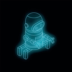 Blue neon robot standing with open arms on black background