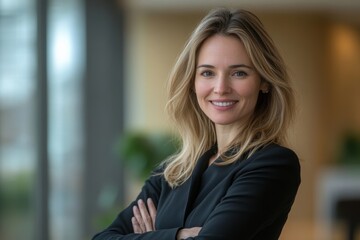 A professional woman smiling confidently in a modern office setting.