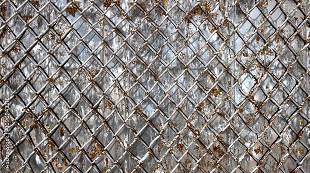 Poster a close-up of a rusty metal mesh surface with a diamond pattern.
