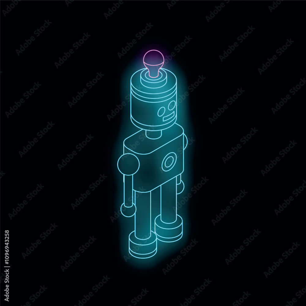 Poster glowing neon robot standing with a lightbulb over its head on a black background
