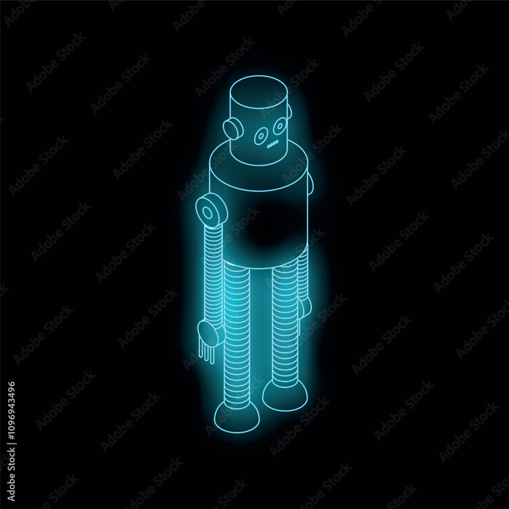 Poster neon blue robot standing on black background representing future technology and artificial intellige