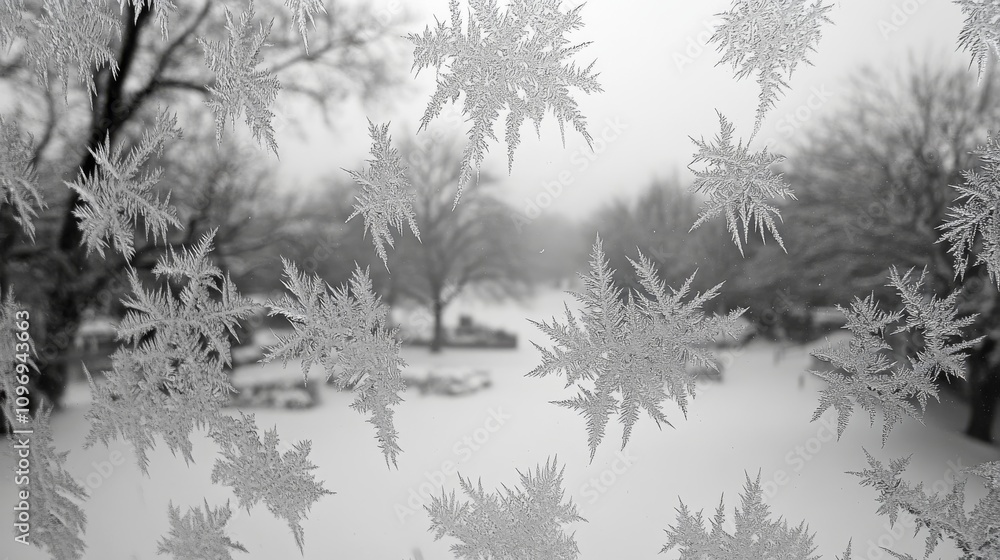 Poster intricate frost patterns adorn a winter windowpane