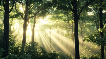 Obraz premium Enchanting Sunlight Filtering Through a Lush Forest Canopy