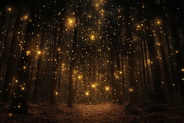 Fototapeta premium Glowing Stars in the Night Sky Over a Winter Forest with Golden Lights. AI generated illustration