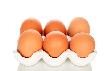 Six chicken eggs in a ceramic stand, close-up, isolated on a white background.
