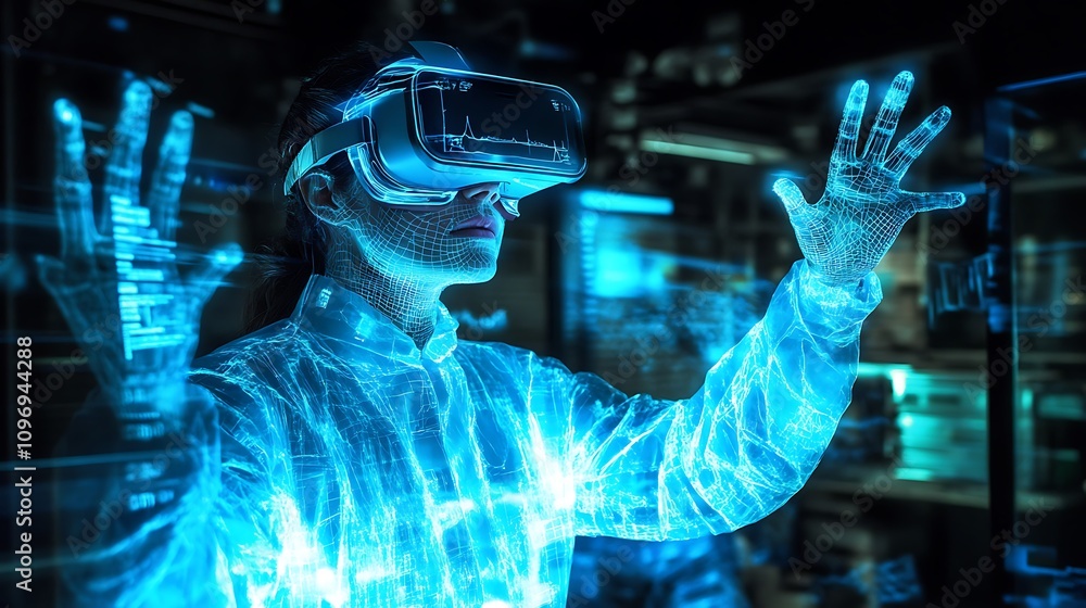 Poster a high-tech physics lab using augmented reality to simulate the effects of relativistic speeds on ma