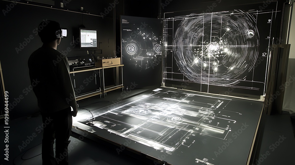 Poster a high-tech physics lab using augmented reality to explore the effects of quantum tunneling and part