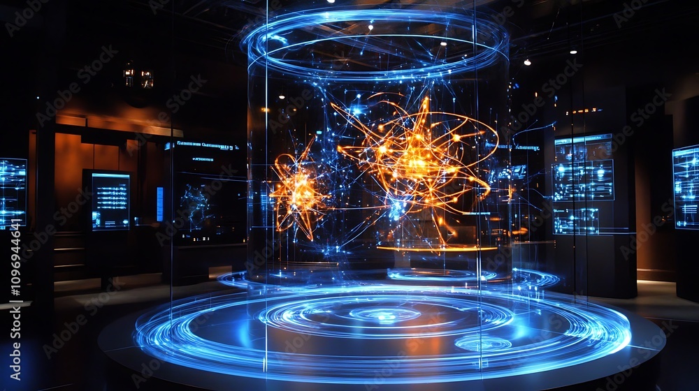 Poster a high-tech physics lab using augmented reality to explore the effects of quantum tunneling and part