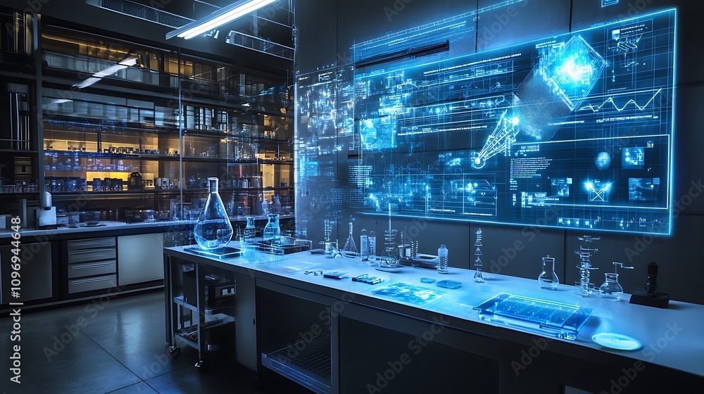 Poster a high-tech physics lab using augmented reality to explore the effects of quantum tunneling and part