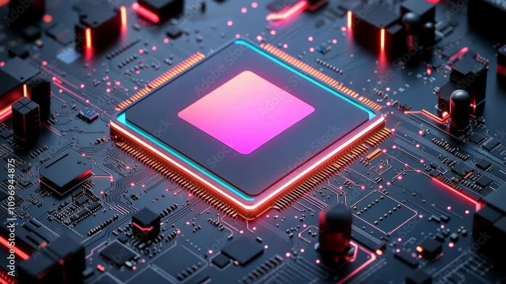 Poster digital circuit board with glowing microchip showcasing advanced technology in modern electronics