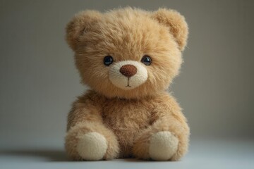 Fototapeta premium adorable brown teddy bear plush toy sitting on a soft white background, highlighting its cute features and cuddly texture, evoking feelings of warmth and nostalgia