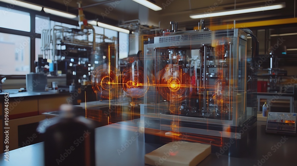 Poster a high-tech physics lab using augmented reality to visualize the effects of high-energy collisions o