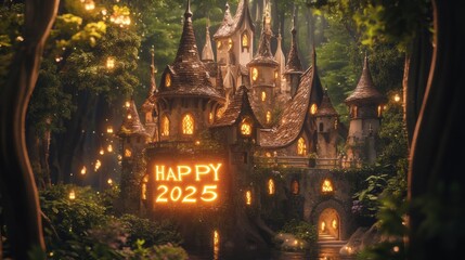 Fototapeta premium Enchanted Castle Welcomes a Magical New Year, 2025, Surrounded by Lush Forest and Glowing Lanterns