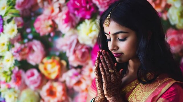 Young indian woman in traditional attire prays in front of floral backdrop during cultural celebration in spring
