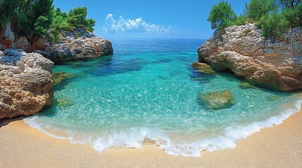 Fototapeta premium Secluded cove with crystal-clear turquoise water, soft sand beach, and rocky shores under a sunny sky.