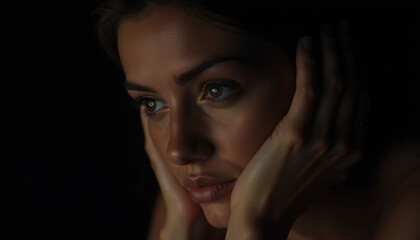 Fototapeta premium Artistic Close-Up Portrait of a Thoughtful Young Woman with Hands Framing Her Face in Moody Low-Key Lighting and Deep Shadows