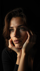 Fototapeta premium Artistic Close-Up Portrait of a Thoughtful Young Woman with Hands Framing Her Face in Moody Low-Key Lighting and Deep Shadows