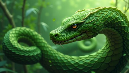 Fototapeta premium Majestic green snake with intricate scales coiled in a lush green environment, gazing intensely