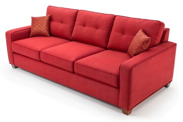Fototapeta premium A modern red fabric sofa with tufted back cushions and decorative pillows, standing on wooden legs. Elegant and cozy, perfect for living room decor, isolated on white background.